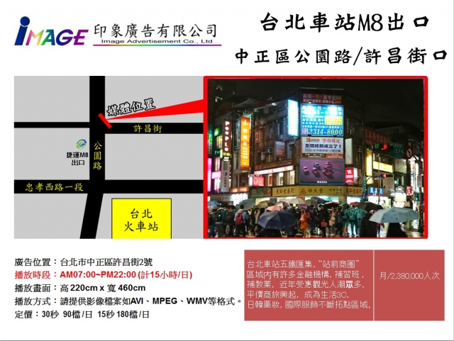 【台北車站】公園路&許昌街口(捷運M8出口)